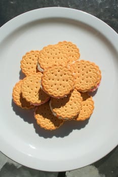 Close up of marshmallow cookies on a plate.
