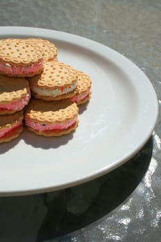 Close up of marshmallow cookies on a plate.
