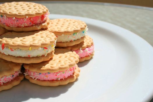 Close up of marshmallow cookies on a plate.
