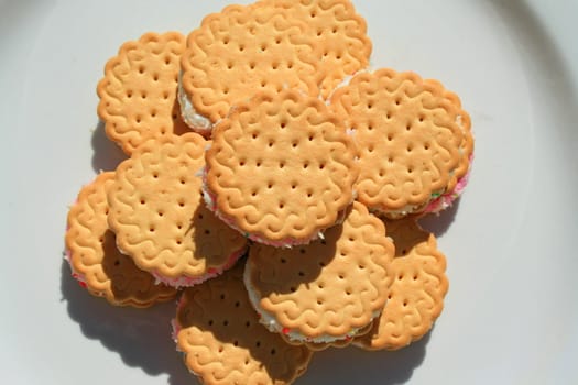 Close up of marshmallow cookies on a plate.
