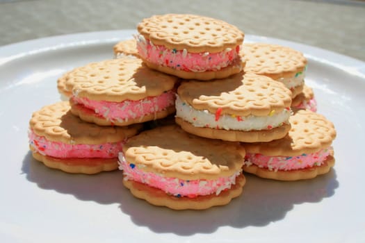 Close up of marshmallow cookies on a plate.
