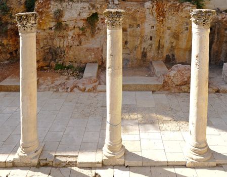 Three Ancient Roman Columns In Old City Of 
Jerusalem.