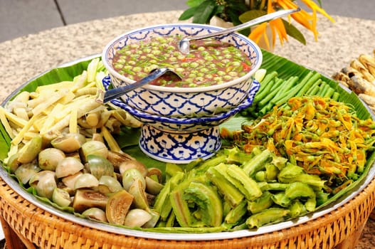 Thai chilli sauce and mixed steamed vegetables, Thai food.