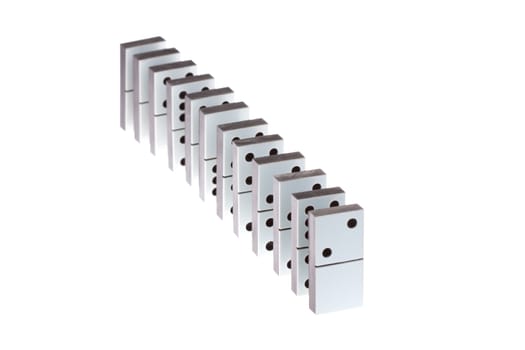 white dominoes standing in a row on a white background