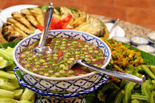 Thai chilli sauce and mixed steamed vegetables, Thai food.