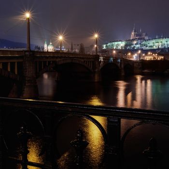 view on Manes bridge and Prague castle at night, Prague, Czech Republic
