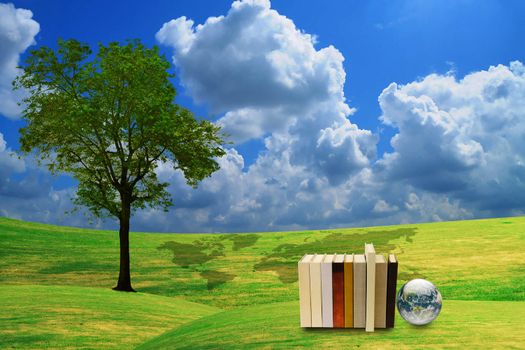 lonely tree with stack of book and earth globe