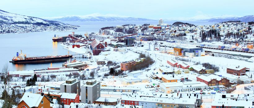 Panorama Industrial Container Cargo freight ship with working crane bridge in shipyard at Iron Ore Mine Factory Plant in Narvik Norway