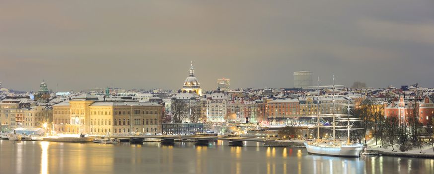 Aerial Panorama of Stockholm Cityscape at night Sweden