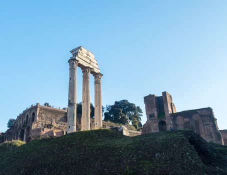 Details of remains and ruins in Ancient Rome Italy showing Temple of Castor and Pollux