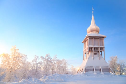 Kiruna cathedral church monument Architecture Sweden at dusk twilight with star trail