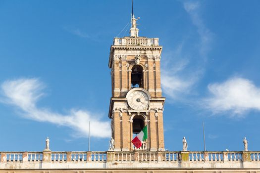 Clock or bell Tower of Comune di Roma or town hall in Rome Italy