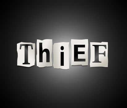 Illustration depicting cutout printed letters arranged to form the word theft.