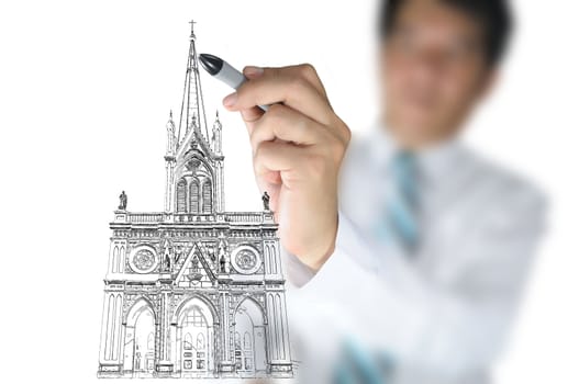 Businessman draw Christ church as an Architect