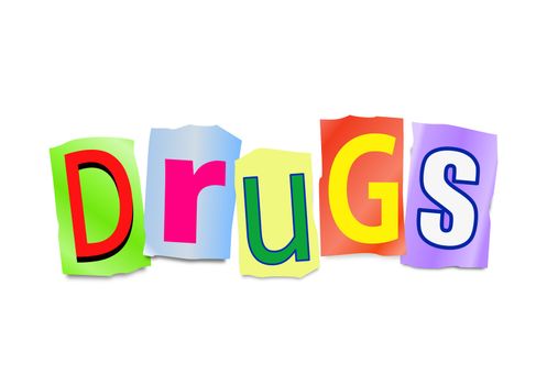 Illustration depicting cutout printed letters arranged to form the word drugs.