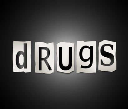 Illustration depicting cutout printed letters arranged to form the word drugs.