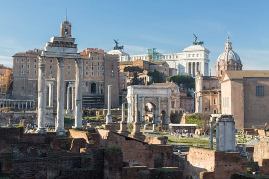 Details of remains and ruins in Ancient Rome Italy showing Temple of Castor and Pollux