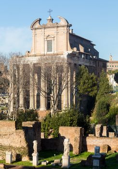 Details of remains and ruins in Ancient Rome Italy showing Temple of Antoninus and Faustina