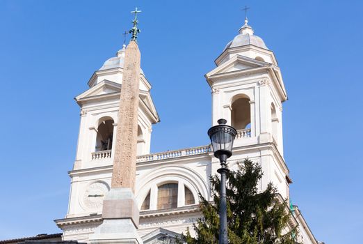 Detail of towers on Trinita dei Monti church at top of Spanish Steps in Rome Italy