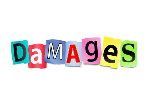 Illustration depicting cutout printed letters arranged to form the word damages.