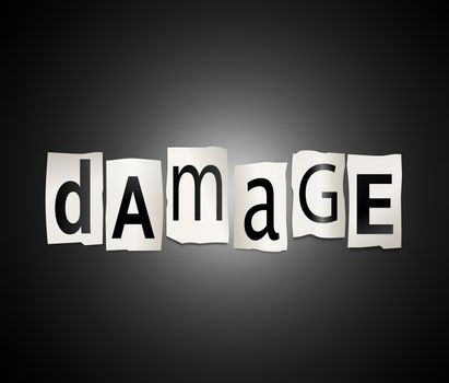 Illustration depicting cutout printed letters arranged to form the word damage.