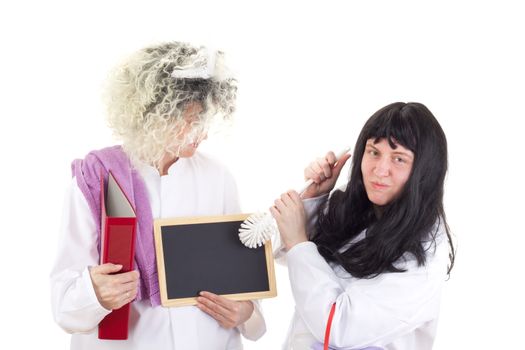 Female cleaners in white work coats