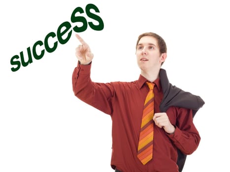 Young businessman taping on the word success