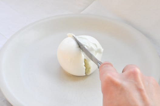 Cook hand cutting traditional Italian mozzarella di bufala (buffalo mozzarella) cheese made from buffalo milk