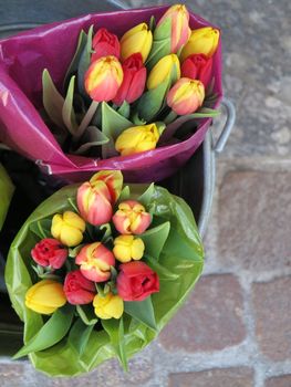 Bouquet of tulips in the flower market
