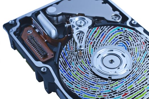 hard disk drive with colored fingerprint on platter in white background. The picture is showing a high performance server disk in close up. This can be used as a symbol for individual data