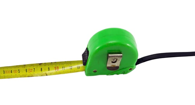 old rusty plastic tape measure meter tool isolated on white background