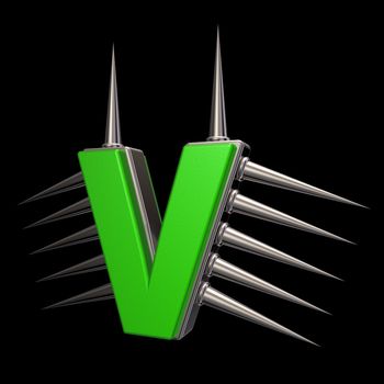 letter v with metal prickles on black background - 3d illustration