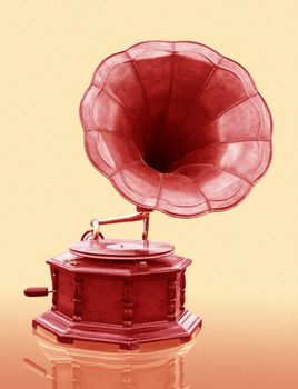 Vintage Gramophone with disc isolated on grunge background