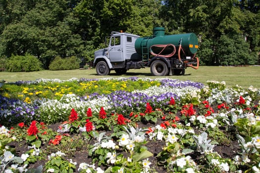 City park with a large flower bed and watering car