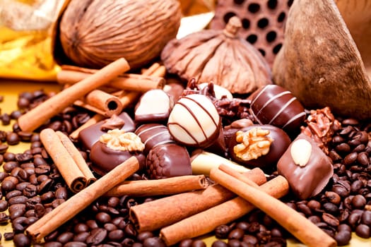 collection of different chocolate pralines truffels on golden brown background macro