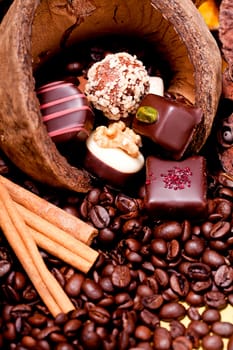 collection of different chocolate pralines truffels on golden brown background macro
