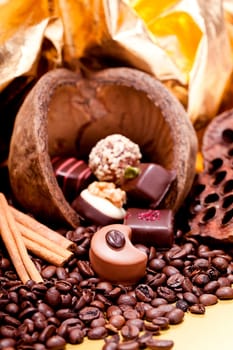 collection of different chocolate pralines truffels on golden brown background macro