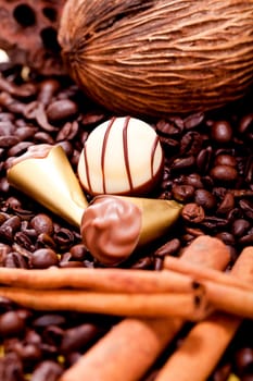 collection of different chocolate pralines truffels on golden brown background macro
