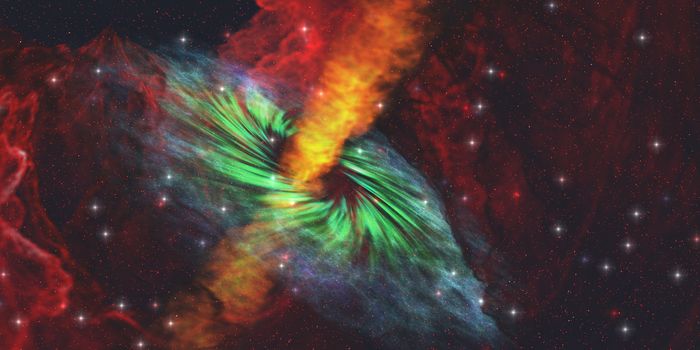 Rays of hot plasma radiates out from the event horizon of this Black Hole.
