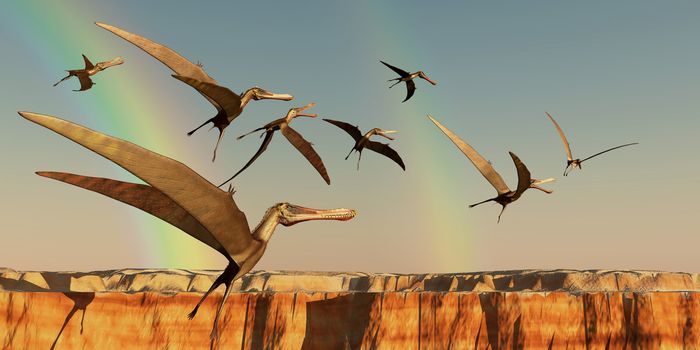 A flock of Pterodactyls fly out of a canyon looking for new prey to eat.