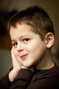 Portrait of a cute little boy with a mischievous expression on his face and his hands pressed to the side of his face.  He has brown hair and brown eyes.