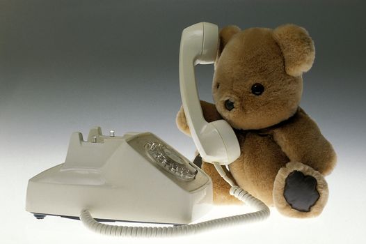 A teddy bear talking on an old white dial phone on a graduated background