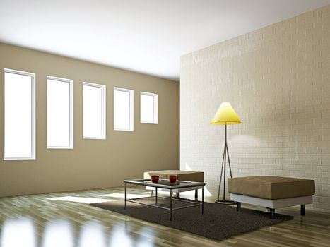 Livingroom with pouf  and a lamp near the wall