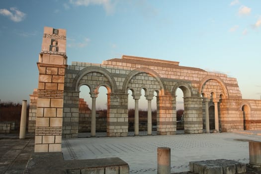 The Great Basilica at the first Bulgarian capital, Pliska , at sunset