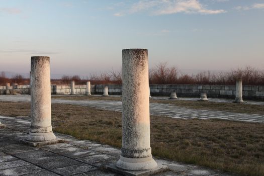 The Great Basilica at the first Bulgarian capital, Pliska , at sunset detail