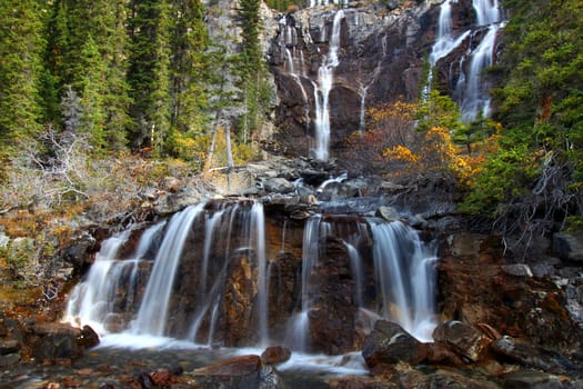 Scenic view of Tangle Falls at Jasper National Park of Canada.