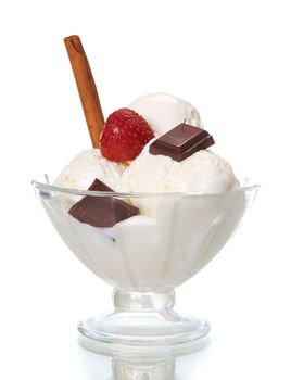 ice cream with strawberries and chocolate  in a glass vase. closeup.isolated on white background.
