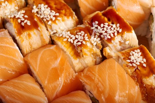 Japanese sushi  traditional japanese food.Roll made of salmon