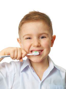 Little child with dental toothbrush brushing teeth.isolated on a white background.