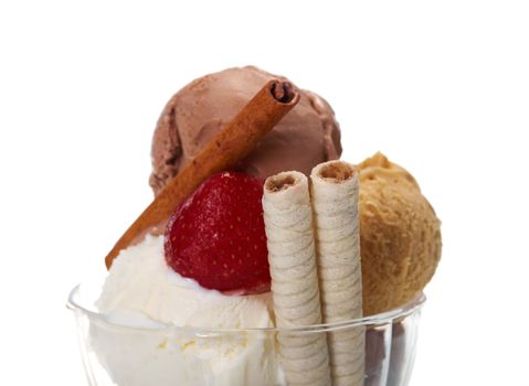 ice cream in a glass vase. closeup.isolated on white background.
